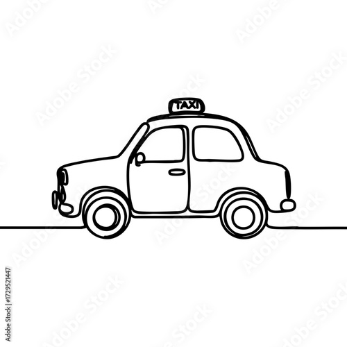 Minimalistic black one-line drawing of a taxi with a rooftop sign on a plain white background, concept of creative artistry, graphic design, transportation services.