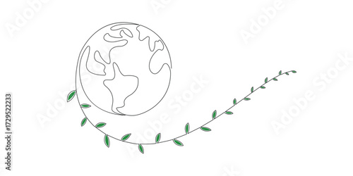 Single line drawing of planet earth with green leaves isolated on a white background