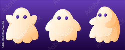 A set of three Halloween ghosts in different positions. Funny ghost icons. Cute ghost characters. Design elements for logos, badges, banners, labels, and posters.