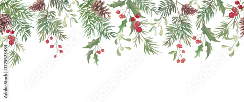 
Merry Christmas Seamless Border. Hand Painted Watercolor Holly, Mistletoe,  Winter Greenery Illustrations. Vector EPS.