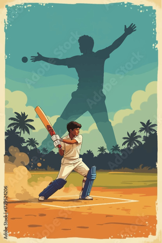 Young cricketer passionately batting during a vibrant summer match, inspired by a larger silhouette of a victorious athlete.