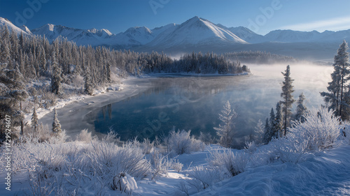 Wallpaper Mural 雪と霜が輝く冬の朝の火山と霧の谷 Torontodigital.ca