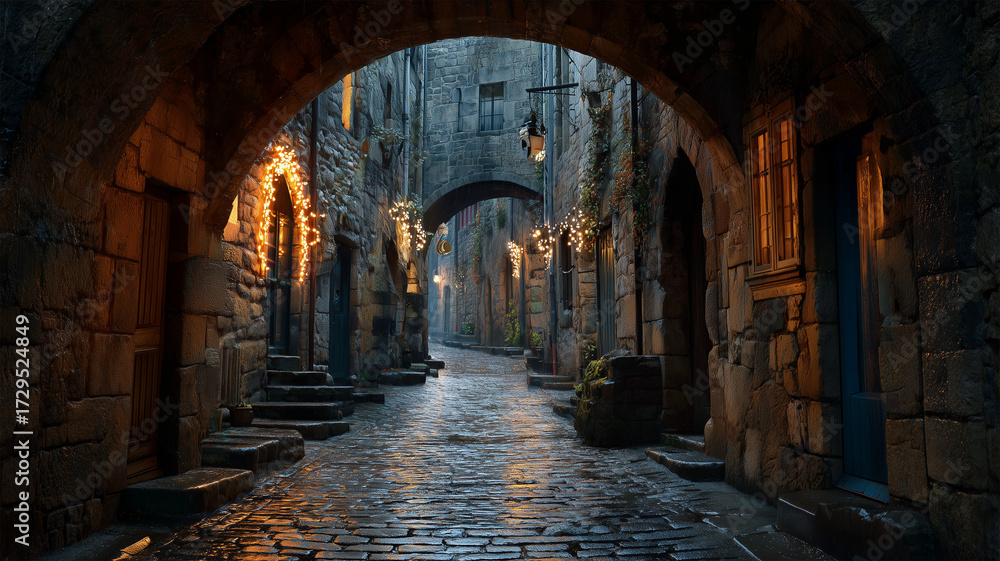 Fototapeta premium 雨に濡れた石畳の路地の静かな黄昏情景