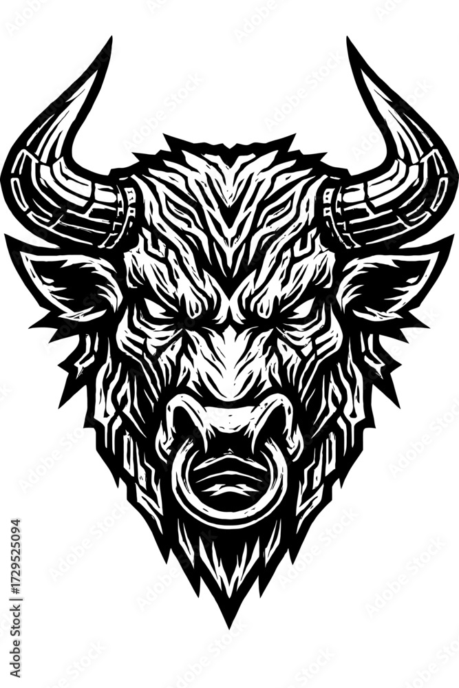 Fototapeta premium Dynamic black and white bull head illustration, featuring a fierce, aggressive tribal style design with ornate horns and a prominent nose ring. This powerful graphic art embodies strength, determinati