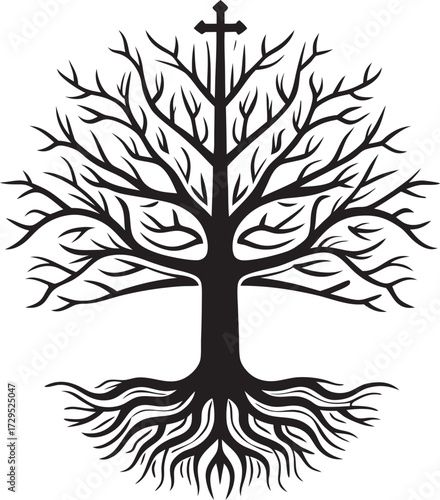 Symbolic black tree of life with sword silhouette representing strength and growth