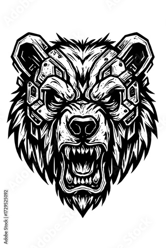 Fierce Roaring Grizzly Bear Head Graphic with Cybernetic Armor Plating and Sharp Teeth, a Powerful Black and White Stylized Illustration for Modern Apparel, Tattoos, Logos, and Digital Art Prints. Int