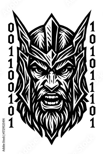 Digital Viking Berserker Art: Intense black & white woodcut-style illustration of an aggressive horned warrior, fierce gaze & beard, flanked by binary code, blending ancient mythology with cyberpunk a