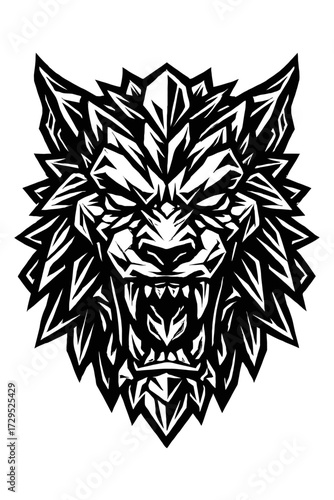 Intense Geometric Wolf Head Design with Sharp Angles and Bared Fangs, a Powerful Black and White Polygonal Art Vector Graphic, Ideal for Aggressive Branding, Gaming, T-shirts, Tattoos, Capturing Prima