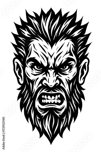 Furious Roaring Monster Head Vector Art. Aggressive black and white illustration of a beast face with sharp teeth, intense eyes, furrowed brows, and wild spiky fur. Embodying primal rage and untamed p