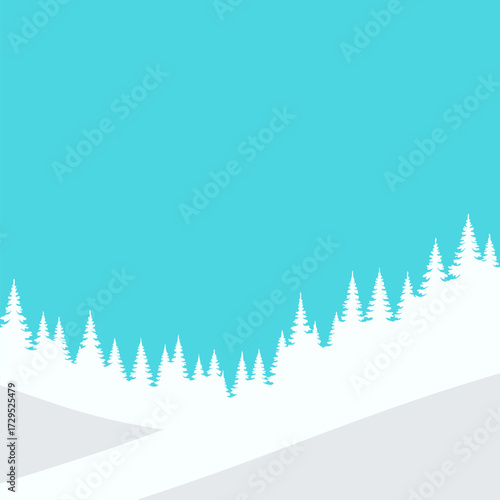 Serene winter landscape background with minimalist snow-covered trees and hills under a blue sky, offering ample copy space for graphic designs