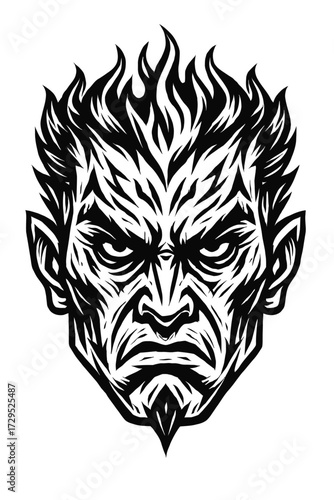 Fierce Black and White Fiery Demon Head Vector Art. This stylized illustration depicts an aggressive, mythological figure with intense, wrathful eyes and sharp, flame-like hair, exuding raw power. Ide