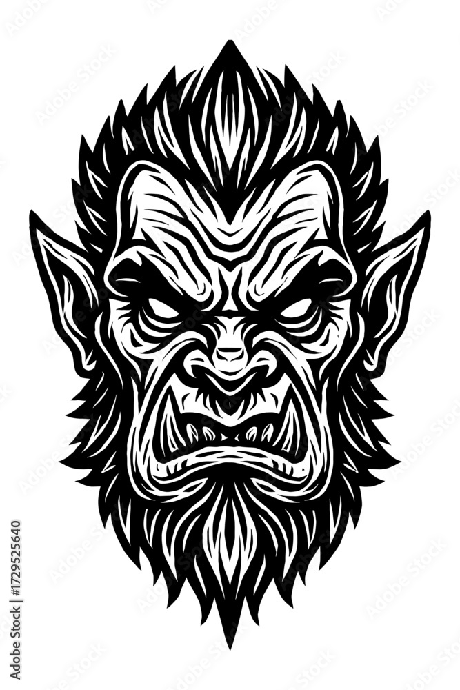 Fototapeta premium Menacing Black and White Werewolf Beast Head Vector Illustration for Horror Designs, Tattoo Art, Primal Monster Logos, or Fierce Fantasy Gaming Graphics with Sharp Fangs and Aggressive Growl Icon Desi