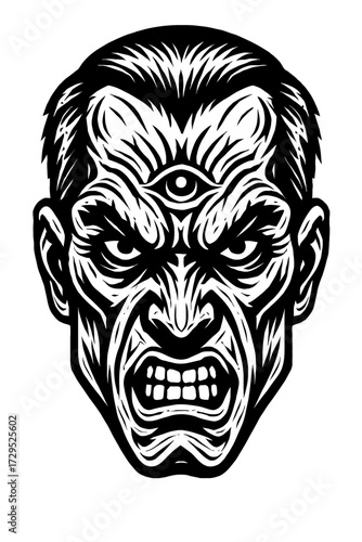 Highly detailed black and white illustration of an enraged, demonic face with a prominent third eye, baring teeth in a furious roar. This intense, woodcut-style artwork features aggressive linework, e