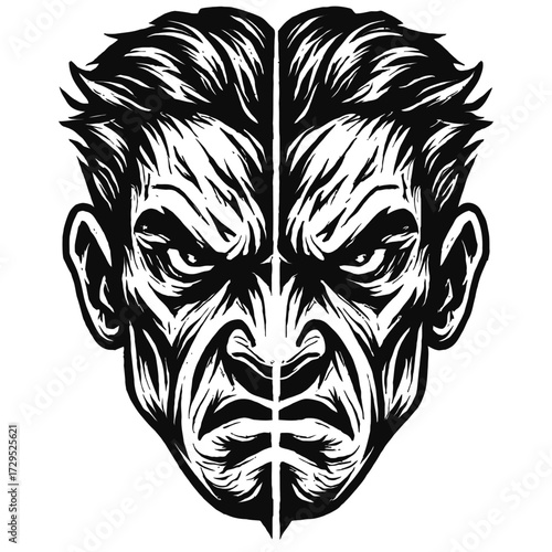 Intense Black & White Woodcut Style Illustration of a Fiercely Angry, Symmetrical Face, Conveying Raw Primal Rage and Unyielding Determination with Bold Graphic Lines and Stark High Contrast Aesthetic