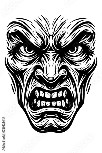 Striking B&W woodcut of furious monster face. Bared teeth, menacing snarl, aggressive eyes capture demonic horror. Ideal for gothic art, dark fantasy, Halloween designs, and powerful visual statements