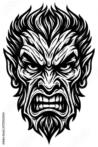 Intensely ferocious snarling beast face illustration in stark black and white, featuring menacing fangs, wild hair, and piercing eyes, embodying primal rage and dark fantasy horror imagery for strikin