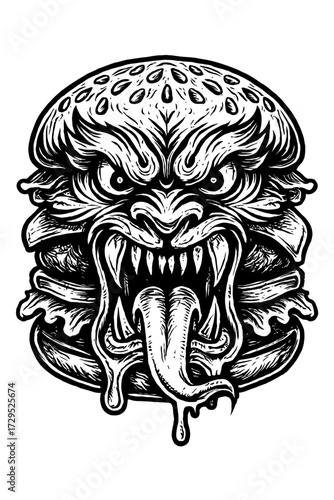 Aggressive Monster Burger Art: Fierce Black and White Woodcut Illustration with Sharp Teeth, Dripping Tongue, and Piercing Eyes. Perfect for Edgy Apparel, Streetwear, Fast Food Branding, T-Shirt Desig