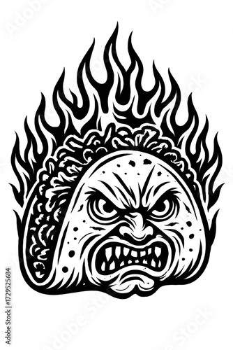 Fiery Fuming Taco Monster Illustration: A bold black and white graphic design of an enraged, screaming taco engulfed in wild flames, perfect for spicy food enthusiasts, edgy apparel, and unique Mexica