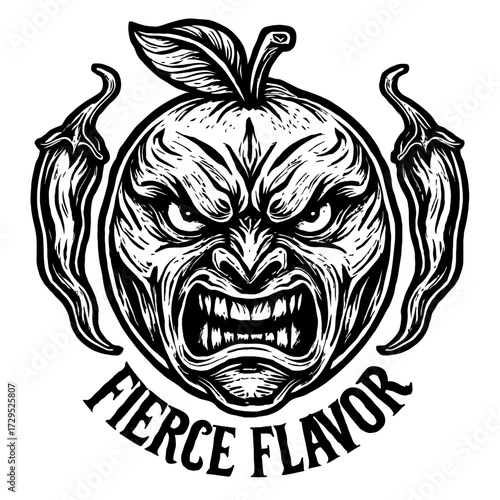 Aggressive Black & White Illustration featuring an Enraged Fruit Face with Bared Teeth, flanked by Fiery Chili Peppers, encapsulating a Bold and Intense 'Fierce Flavor' for Spicy Food Brands or Hot Sa
