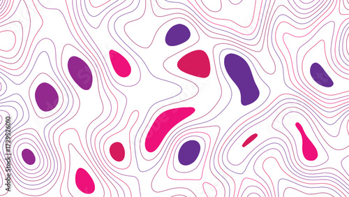 Modern contour map lines with pink and purple abstract shapes, trendy seamless pattern illustration used in fashion fabrics, digital wallpapers, posters, branding