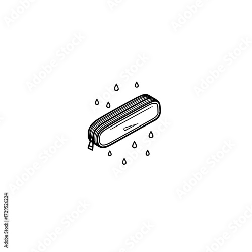 Illustration of a pencil case with a zipper surrounded by teardrop shapes on a white background