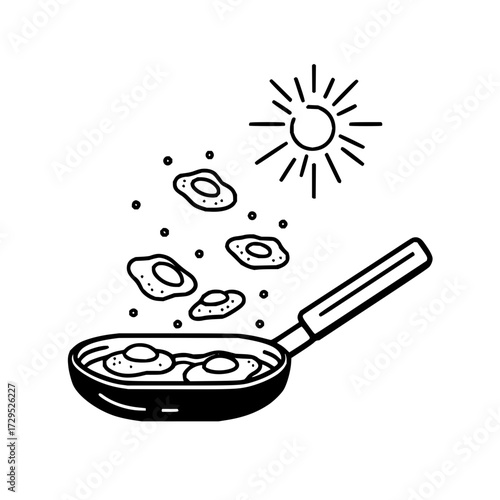Black and white drawing of a pan with eggs cooking under a sun with steam rising above the pan