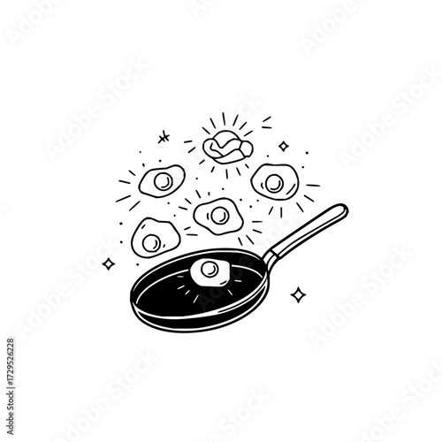 Illustration of a frying pan with one egg and several floating eggs with shining light effects around them
