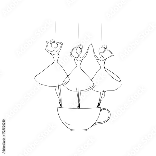 Three ballerinas in dresses dancing on the edge of a teacup with simple line art on a white background