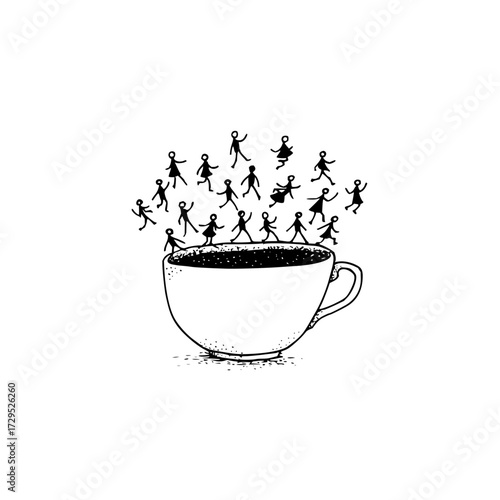 Stylized drawing of stick figures emerging from a coffee cup against a white background design art
