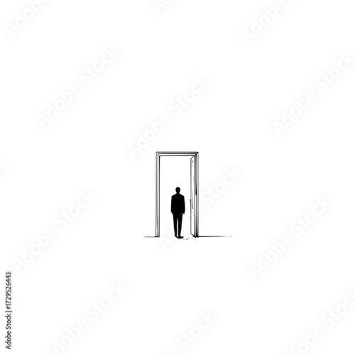 Silhouette of a man standing in a doorway against a white background in a minimalist style drawing