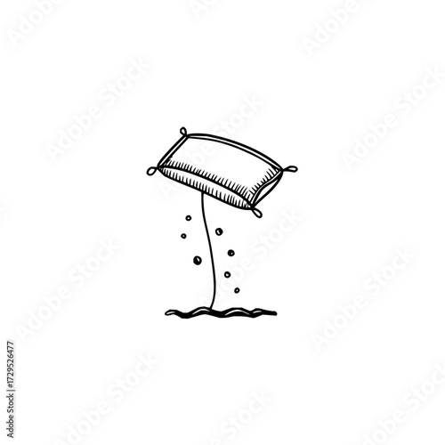 A whimsical sketch of a pillow suspended above the ground with a single stem and floating bubbles around it