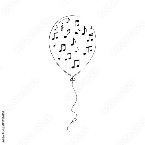A whimsical balloon filled with musical notes floating gently against a plain white background scene here