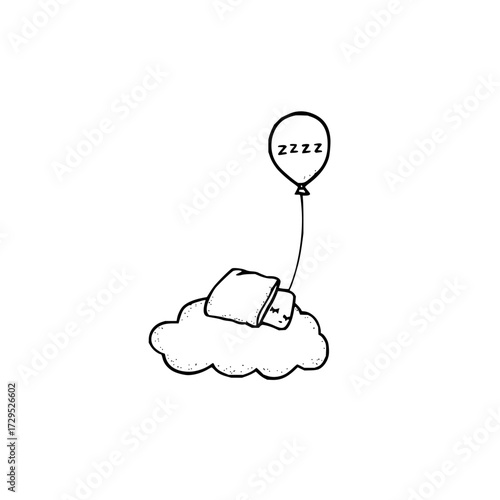 A drawing of a sleeping face on a cloud with a pillow attached to a balloon with zzzz written on it