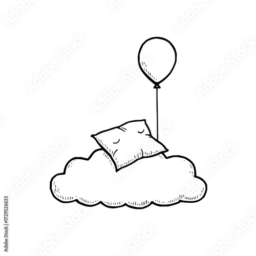 A whimsical drawing of a pillow with closed eyes resting on a cloud attached to a balloon string floating