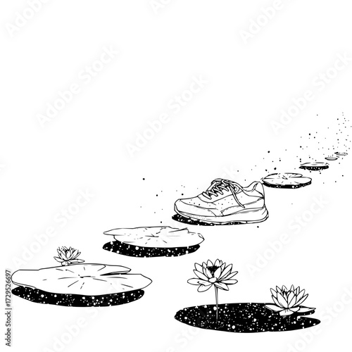 A sneaker on lily pads leading across a pond with water lilies in a black and white illustration style