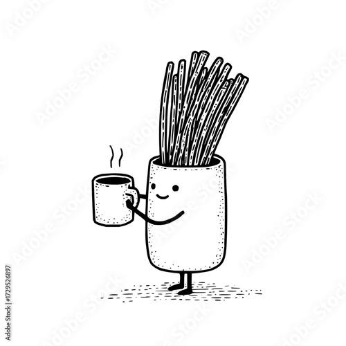 A cartoon container with sticks holding a steaming cup of coffee on a white background illustration