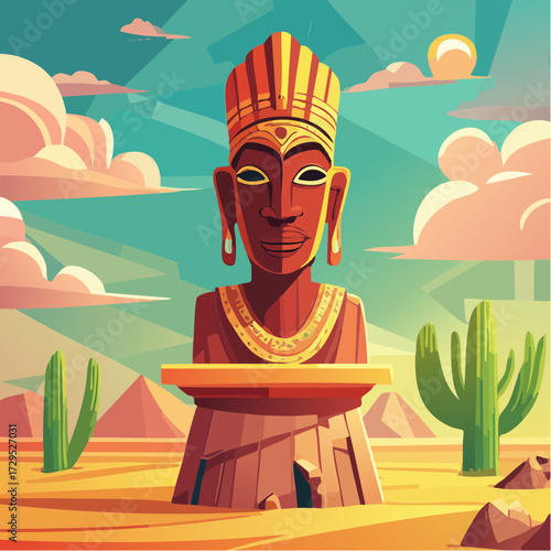 Statue Africaine, Aztèque, ancienne, style dessin animé, 