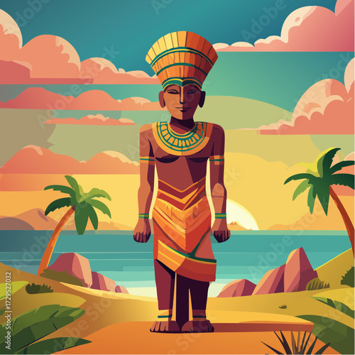 Statue Africaine, Aztèque, dorée, ancienne, style dessin animé, anciennes croyances 