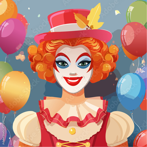 Très belle illustration d'une femme Clown, cirque, portrait, joie, sourire, coloré, maquillée 