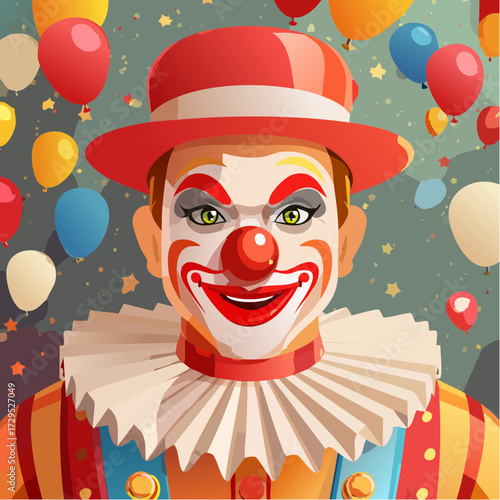 Portrait de clown, coloré, ballons baudruches colorés en arrière plan