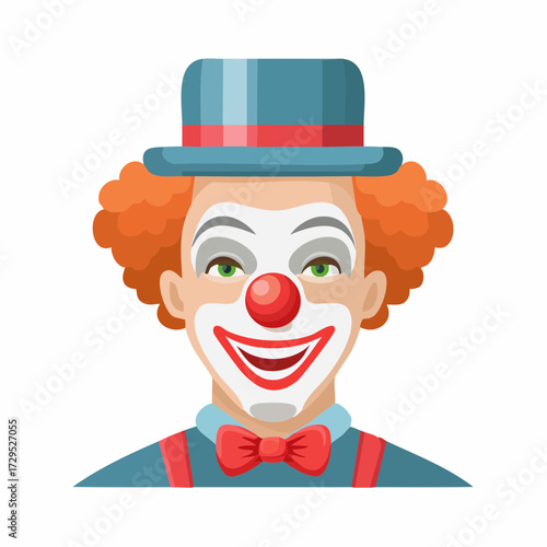 Portrait d'un clown joyeux et souriant, chapeau, nez rouge, fond clair, portrait