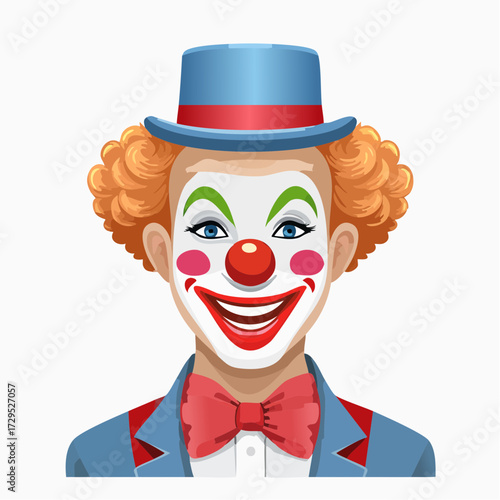 Portrait d'un clown joyeux et souriant, chapeau, nez rouge, fond clair, portrait