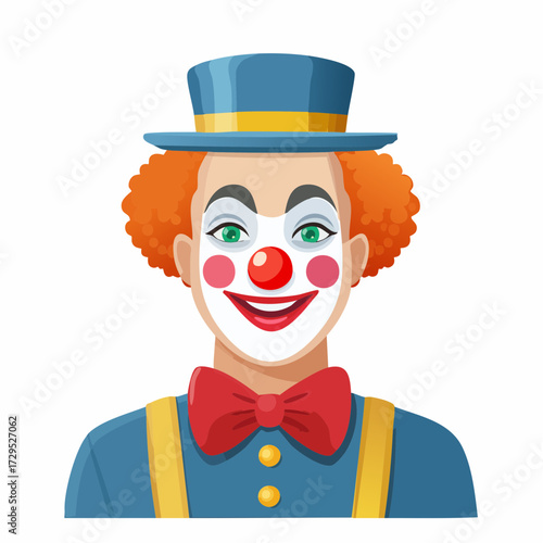 Portrait d'un clown joyeux et souriant, chapeau, nez rouge, fond clair, portrait