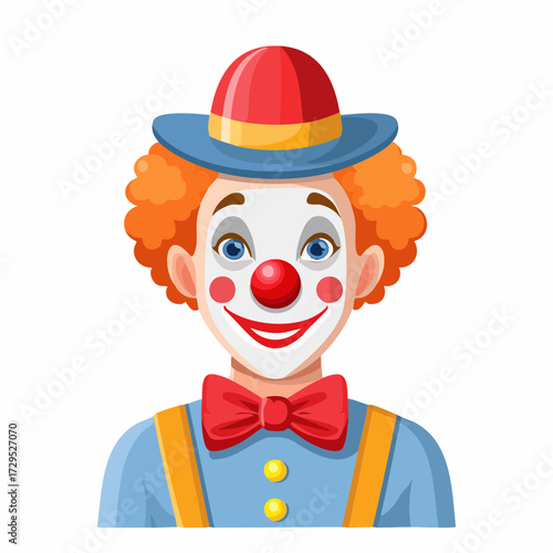 Portrait d'un clown joyeux et souriant, chapeau, nez rouge, fond clair, portrait