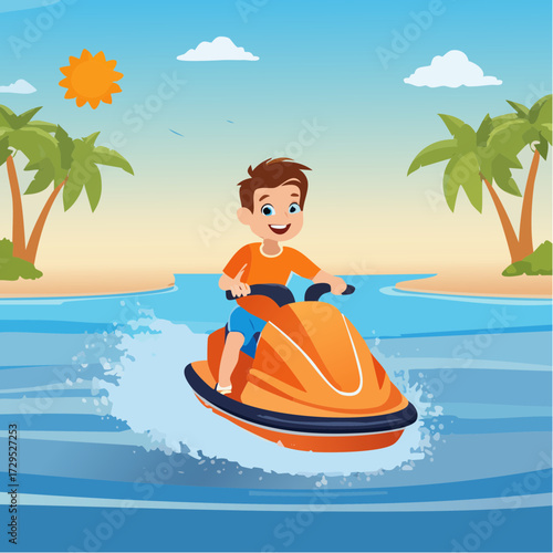 Petit garçon joyeux qui s'amuse en faisant du jet ski, océan, vitesse, fun, coloré, vacances 