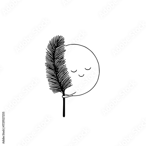 A serene face embraces a delicate feather in a minimalist black and white illustration style art