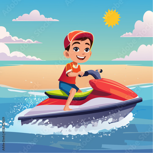 Petit garçon joyeux qui s'amuse en faisant du jet ski, océan, vitesse, fun, coloré, vacances 