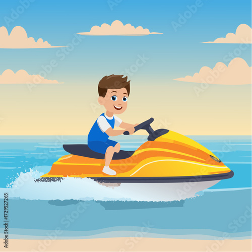 Petit garçon joyeux qui s'amuse en faisant du jet ski, océan, vitesse, fun, coloré, vacances 