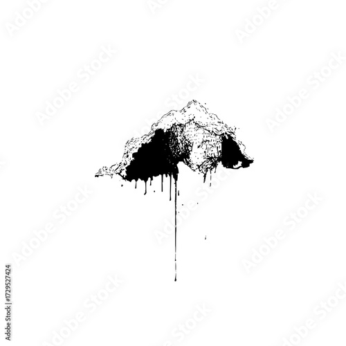 Black and white sketch of a mountain peak with melting effect and dripping liquid elements visible below