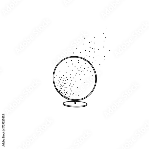 Circular mirror on a stand with scattered dots inside and above on a white background line art style